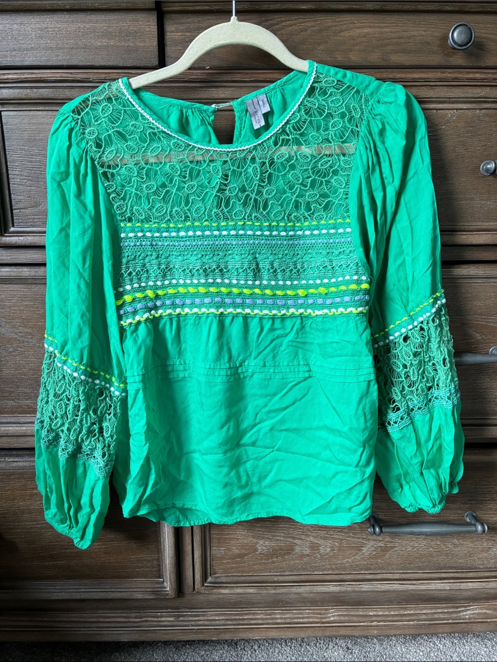 Blink London Women’s Green Lace Yoke Peasant Blouse
